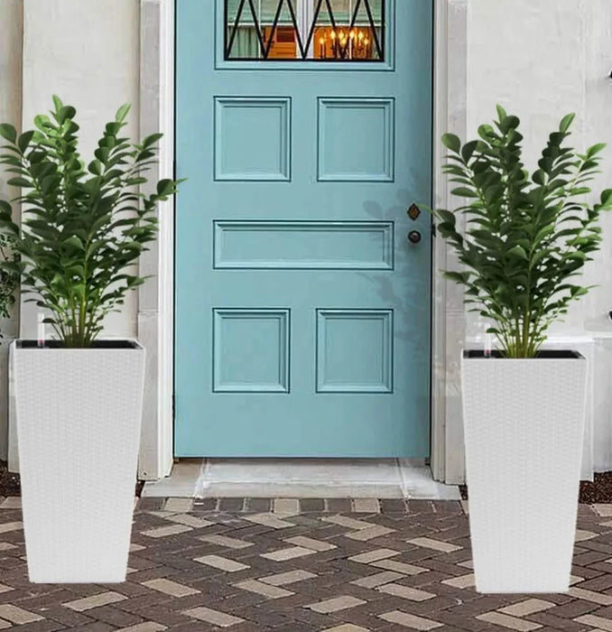 Indoor/Outdoor Modern Faux Rattan Design Square Planter, 22.6 inch White Plastic Large Planter with Automatic Watering System for Home and Garden (White, 22.6 inch - 2 Pack) Default -DTYStore