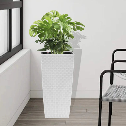 Indoor/Outdoor Modern Faux Rattan Design Square Planter, 22.6 inch White Plastic Large Planter with Automatic Watering System for Home and Garden (White, 22.6 inch - 2 Pack) Default -DTYStore