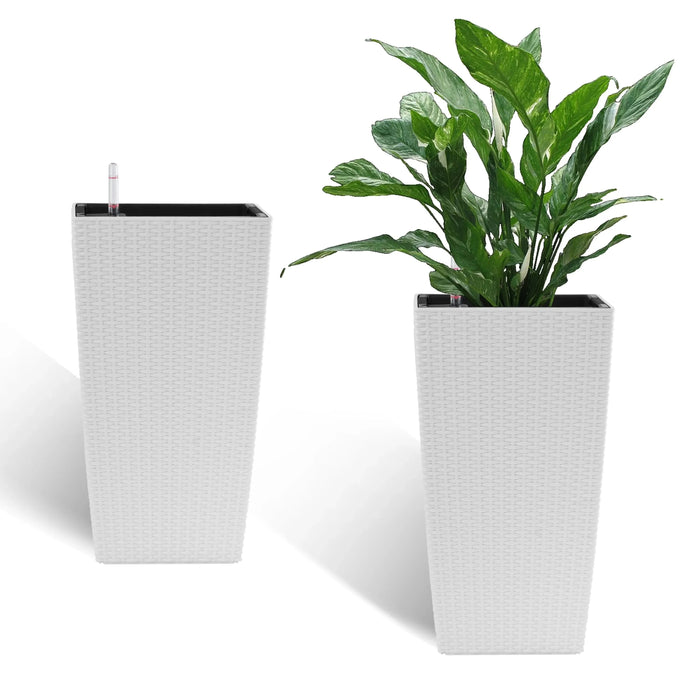 Indoor/Outdoor Modern Faux Rattan Design Square Planter, 22.6 inch White Plastic Large Planter with Automatic Watering System for Home and Garden (White, 22.6 inch - 2 Pack) Default -DTYStore
