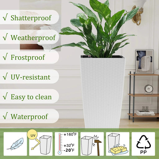 Indoor/Outdoor Modern Faux Rattan Design Square Planter, 22.6 inch White Plastic Large Planter with Automatic Watering System for Home and Garden (White, 22.6 inch - 2 Pack) Default -DTYStore