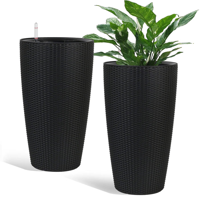 Indoor/Outdoor Modern The appearance is made of imitation rattan Design Planter,22.5 inch Black Plastic Large Plant Pot With Automatic Watering System for Home and Garden (Black, 22.5 inch - 2 Pack) Default -DTYStore