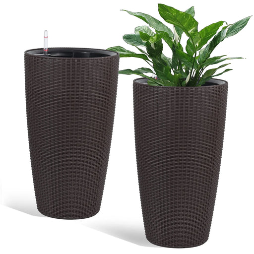 Indoor/Outdoor Modern The appearance is made of imitation rattan Design Planter,22.5 inch Brown Plastic Large Plant Pot With Automatic Watering System for Home and Garden (Brown, 22.5 inch - 2 Pack) Default -DTYStore
