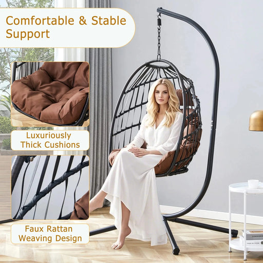 Indoor Outdoor Egg Swing Chair with Stand, Patio Grey Wicker Rattan Hanging Chair with Rope Back, Cushion,Cover,All Weather Foldable Hammock Chair for Bedroom, Porch, Garden Default -DTYStore