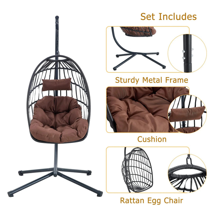 Indoor Outdoor Egg Swing Chair with Stand, Patio Grey Wicker Rattan Hanging Chair with Rope Back, Cushion,Cover,All Weather Foldable Hammock Chair for Bedroom, Porch, Garden Default -DTYStore