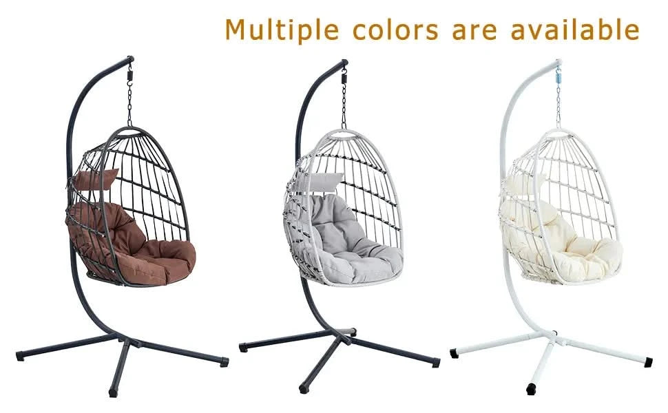Indoor Outdoor Egg Swing Chair with Stand, Patio Grey Wicker Rattan Hanging Chair with Rope Back, Cushion,Cover,All Weather Foldable Hammock Chair for Bedroom, Porch, Garden Default -DTYStore