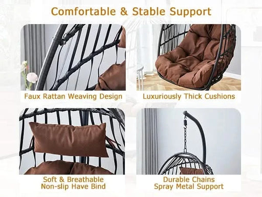 Indoor Outdoor Egg Swing Chair with Stand, Patio Grey Wicker Rattan Hanging Chair with Rope Back, Cushion,Cover,All Weather Foldable Hammock Chair for Bedroom, Porch, Garden Default -DTYStore