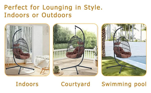 Indoor Outdoor Egg Swing Chair with Stand, Patio Grey Wicker Rattan Hanging Chair with Rope Back, Cushion,Cover,All Weather Foldable Hammock Chair for Bedroom, Porch, Garden Default -DTYStore