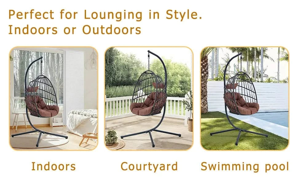 Indoor Outdoor Egg Swing Chair with Stand, Patio Grey Wicker Rattan Hanging Chair with Rope Back, Cushion,Cover,All Weather Foldable Hammock Chair for Bedroom, Porch, Garden Default -DTYStore