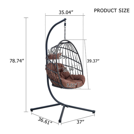 Indoor Outdoor Egg Swing Chair with Stand, Patio Grey Wicker Rattan Hanging Chair with Rope Back, Cushion,Cover,All Weather Foldable Hammock Chair for Bedroom, Porch, Garden Default -DTYStore