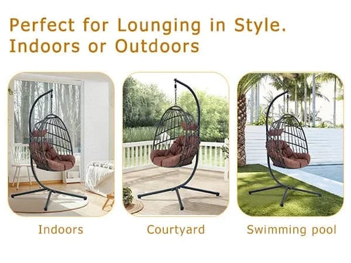 Indoor Outdoor Egg Swing Chair with Stand, Patio Grey Wicker Rattan Hanging Chair with Rope Back, Cushion,Cover,All Weather Foldable Hammock Chair for Bedroom, Porch, Garden Default -DTYStore