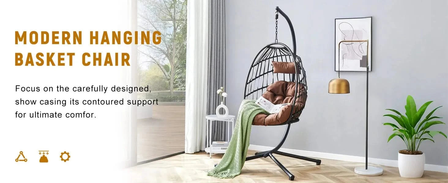Indoor Outdoor Egg Swing Chair with Stand, Patio Grey Wicker Rattan Hanging Chair with Rope Back, Cushion,Cover,All Weather Foldable Hammock Chair for Bedroom, Porch, Garden Default -DTYStore