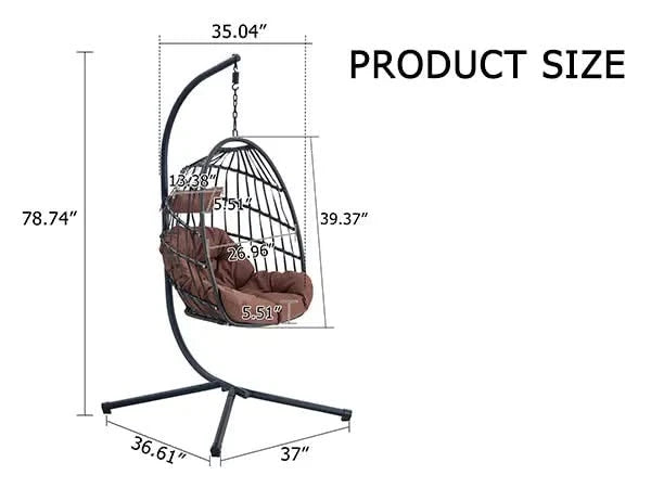 Indoor Outdoor Egg Swing Chair with Stand, Patio Grey Wicker Rattan Hanging Chair with Rope Back, Cushion,Cover,All Weather Foldable Hammock Chair for Bedroom, Porch, Garden Default -DTYStore