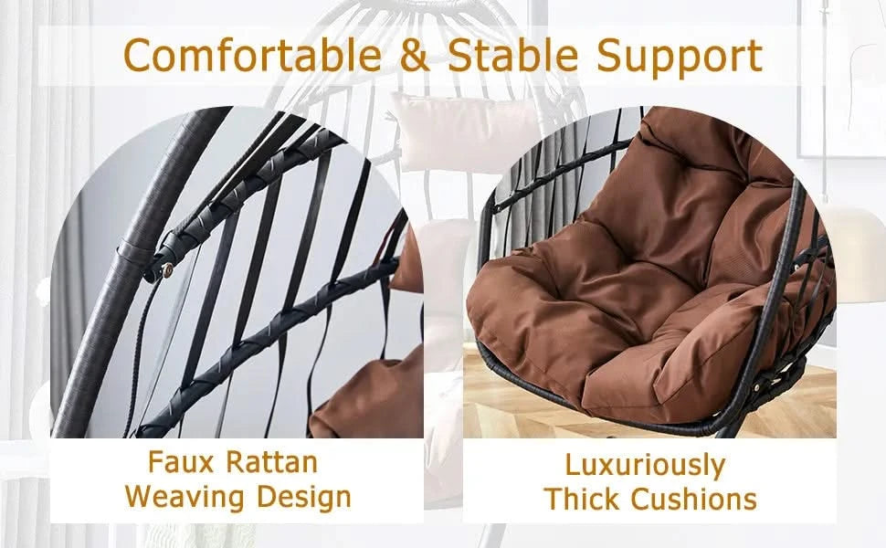 Indoor Outdoor Egg Swing Chair with Stand, Patio Grey Wicker Rattan Hanging Chair with Rope Back, Cushion,Cover,All Weather Foldable Hammock Chair for Bedroom, Porch, Garden Default -DTYStore