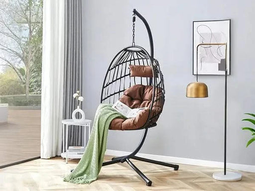 Indoor Outdoor Egg Swing Chair with Stand, Patio Grey Wicker Rattan Hanging Chair with Rope Back, Cushion,Cover,All Weather Foldable Hammock Chair for Bedroom, Porch, Garden Default -DTYStore