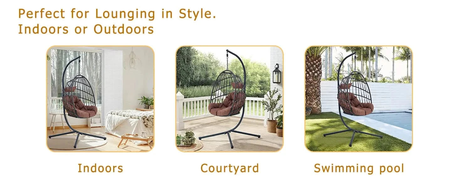 Indoor Outdoor Egg Swing Chair with Stand, Patio Grey Wicker Rattan Hanging Chair with Rope Back, Cushion,Cover,All Weather Foldable Hammock Chair for Bedroom, Porch, Garden Default -DTYStore