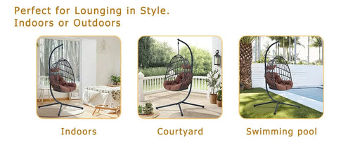 Indoor Outdoor Egg Swing Chair with Stand, Patio Grey Wicker Rattan Hanging Chair with Rope Back, Cushion,Cover,All Weather Foldable Hammock Chair for Bedroom, Porch, Garden Default -DTYStore