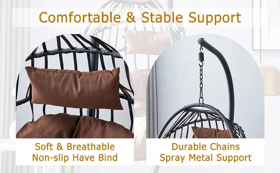 Indoor Outdoor Egg Swing Chair with Stand, Patio Grey Wicker Rattan Hanging Chair with Rope Back, Cushion,Cover,All Weather Foldable Hammock Chair for Bedroom, Porch, Garden Default -DTYStore