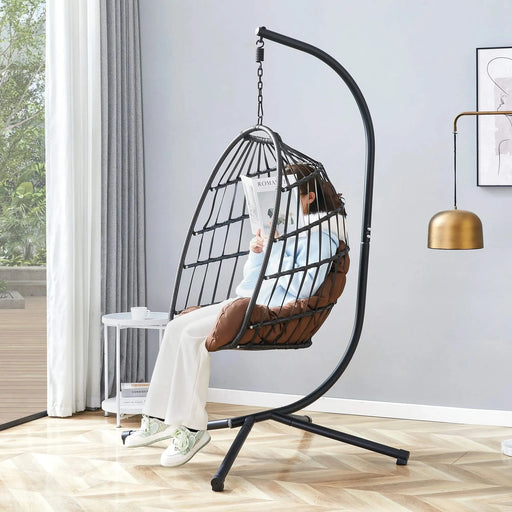 Indoor Outdoor Egg Swing Chair with Stand, Patio Grey Wicker Rattan Hanging Chair with Rope Back, Cushion,Cover,All Weather Foldable Hammock Chair for Bedroom, Porch, Garden Default -DTYStore