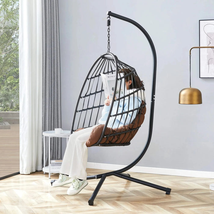 Indoor Outdoor Egg Swing Chair with Stand, Patio Grey Wicker Rattan Hanging Chair with Rope Back, Cushion,Cover,All Weather Foldable Hammock Chair for Bedroom, Porch, Garden Default -DTYStore