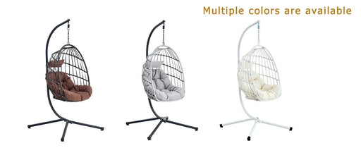 Indoor Outdoor Egg Swing Chair with Stand, Patio Grey Wicker Rattan Hanging Chair with Rope Back, Cushion,Cover,All Weather Foldable Hammock Chair for Bedroom, Porch, Garden Default -DTYStore