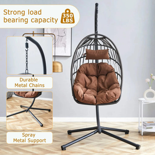 Indoor Outdoor Egg Swing Chair with Stand, Patio Grey Wicker Rattan Hanging Chair with Rope Back, Cushion,Cover,All Weather Foldable Hammock Chair for Bedroom, Porch, Garden Default -DTYStore