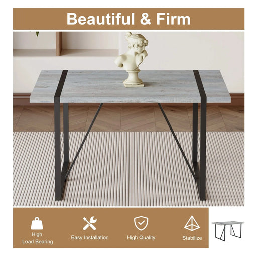 Industrial Rectangular MDF Light Grey Patterned Dining Table for 4-6 people with 1.5 inch thick MDF top and black metal legs for desks, kitchens, patios, dining rooms Default -DTYStore