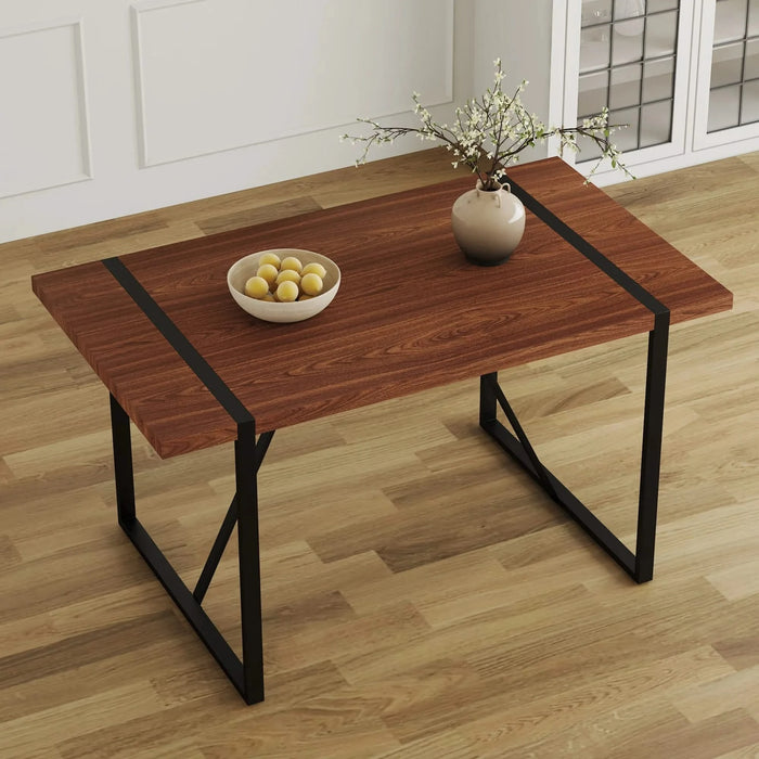 Industrial Rectangular MDF Walnut Color Wood Grain Dining Table for 4-6 people with 1.5 inch thick MDF top and black metal legs for desks, kitchens, patios, dining rooms. Default -DTYStore