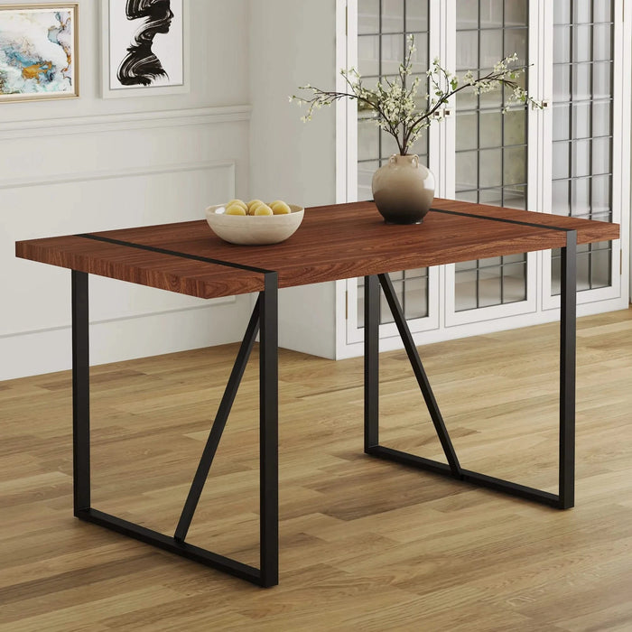 Industrial Rectangular MDF Walnut Color Wood Grain Dining Table for 4-6 people with 1.5 inch thick MDF top and black metal legs for desks, kitchens, patios, dining rooms. Default -DTYStore