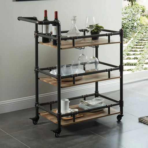 Industrial Style Antique Black Inspired Design Natural Oak 1pc Serving Cart 3-Tier Server w wheels Default -DTYStore