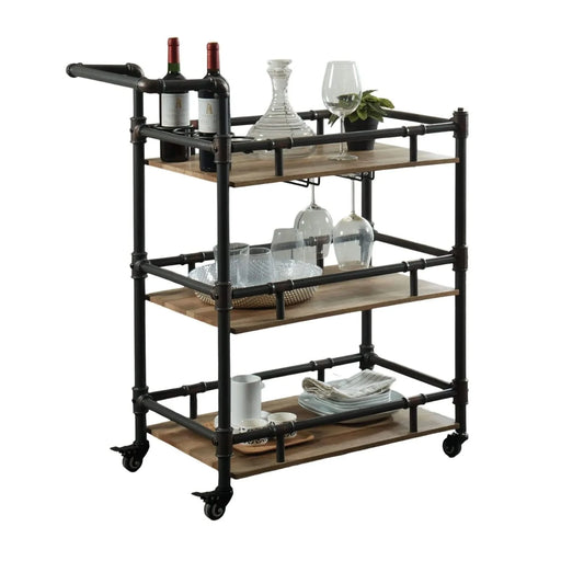 Industrial Style Antique Black Inspired Design Natural Oak 1pc Serving Cart 3-Tier Server w wheels Default -DTYStore