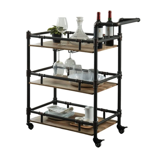Industrial Style Antique Black Inspired Design Natural Oak 1pc Serving Cart 3-Tier Server w wheels Default -DTYStore