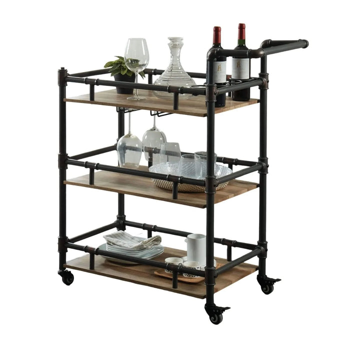 Industrial Style Antique Black Inspired Design Natural Oak 1pc Serving Cart 3-Tier Server w wheels Default -DTYStore