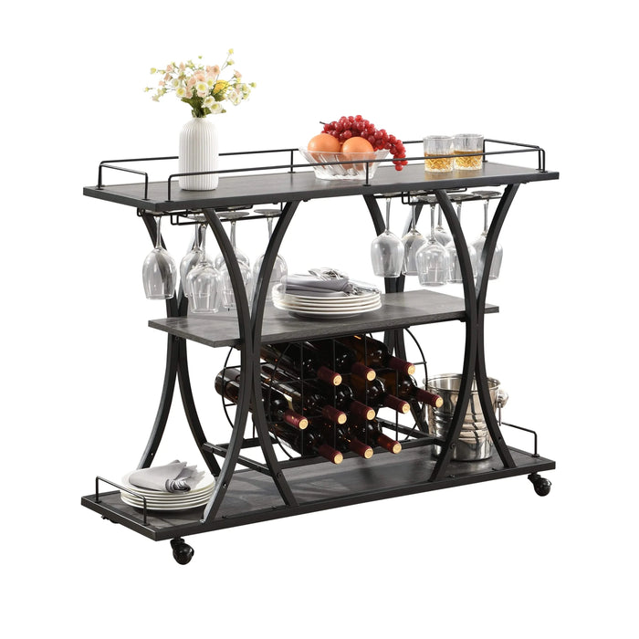 Industrial Style Kitchen Bar Cart with Wheels, 3-Tier Storage Shelves, Black and Gray, Iron, 44.09' Default -DTYStore