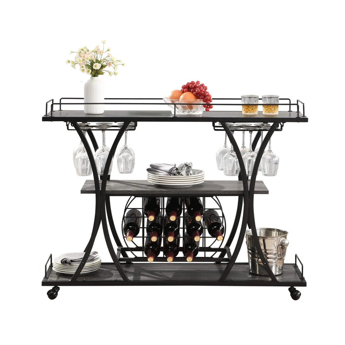 Industrial Style Kitchen Bar Cart with Wheels, 3-Tier Storage Shelves, Black and Gray, Iron, 44.09' Default -DTYStore