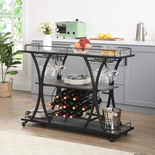 Industrial Style Kitchen Bar Cart with Wheels, 3-Tier Storage Shelves, Black and Gray, Iron, 44.09' Default -DTYStore