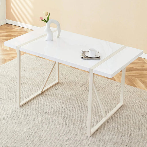 Industrial rectangular MDF Cream style dining table for 4-6 people with 1.5 inch thick MDF top and white metal legs frame for work desk, kitchen, terrace, dining room Default -DTYStore