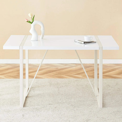 Industrial rectangular MDF Cream style dining table for 4-6 people with 1.5 inch thick MDF top and white metal legs frame for work desk, kitchen, terrace, dining room Default -DTYStore