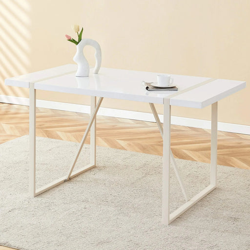 Industrial rectangular MDF Cream style dining table for 4-6 people with 1.5 inch thick MDF top and white metal legs frame for work desk, kitchen, terrace, dining room Default -DTYStore