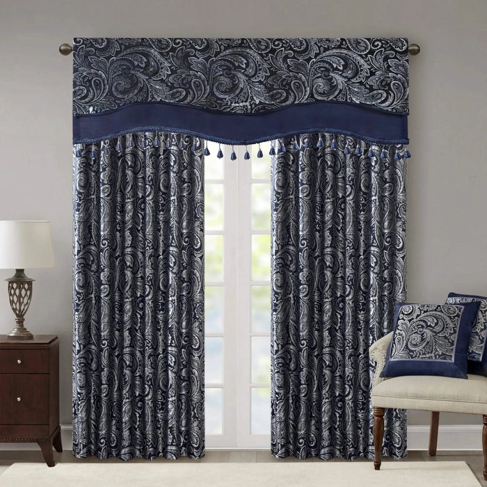 Jacquard Window Rod Pocket Valance With Beads Navy 50x18' Default -DTYStore