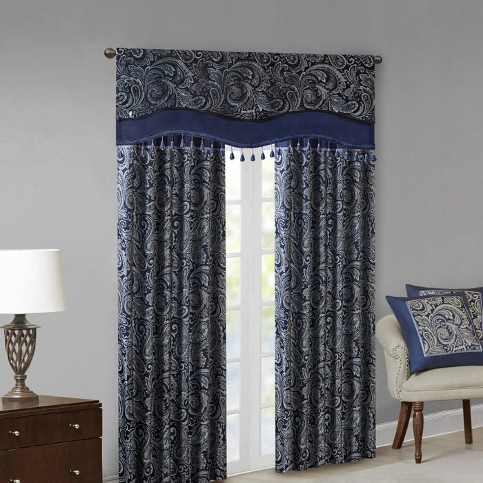 Jacquard Window Rod Pocket Valance With Beads Navy 50x18' Default -DTYStore