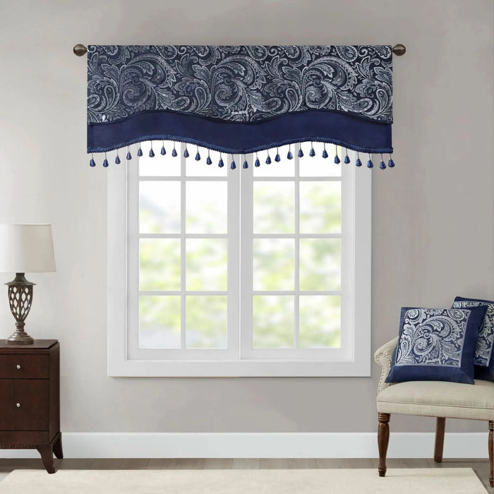 Jacquard Window Rod Pocket Valance With Beads Navy 50x18' - DTY Store