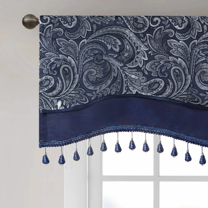 Jacquard Window Rod Pocket Valance With Beads Navy 50x18' Default -DTYStore