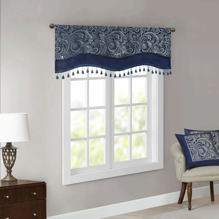 Jacquard Window Rod Pocket Valance With Beads Navy 50x18' - DTY Store