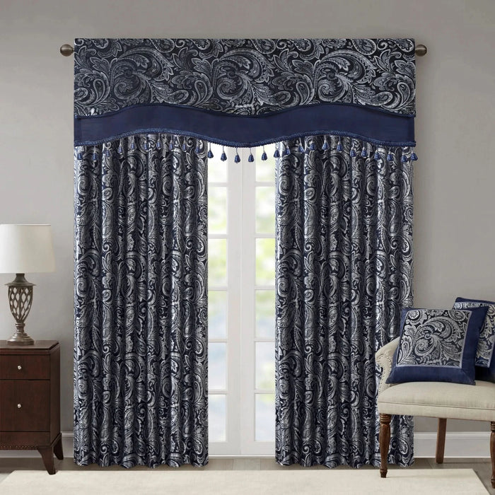 Jacquard Window Rod Pocket Valance With Beads Navy 50x18' - DTY Store