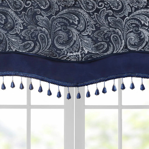Jacquard Window Rod Pocket Valance With Beads Navy 50x18' Default -DTYStore