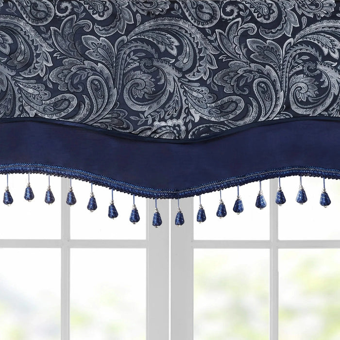 Jacquard Window Rod Pocket Valance With Beads Navy 50x18' Default -DTYStore