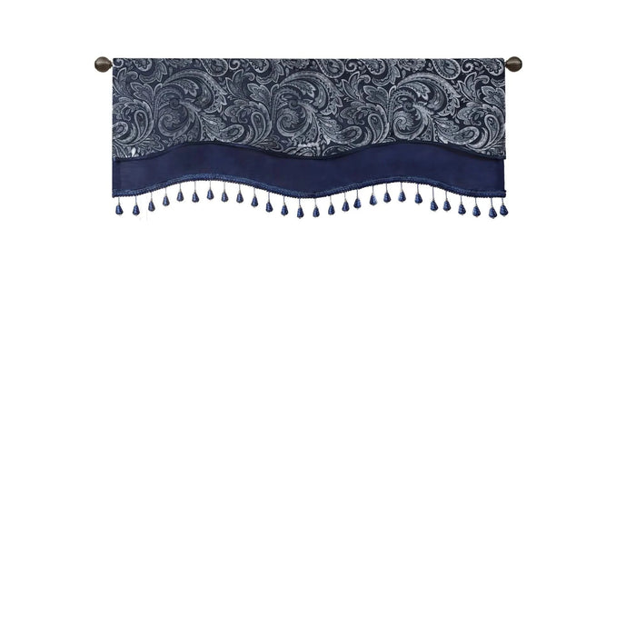 Jacquard Window Rod Pocket Valance With Beads Navy 50x18' Default -DTYStore