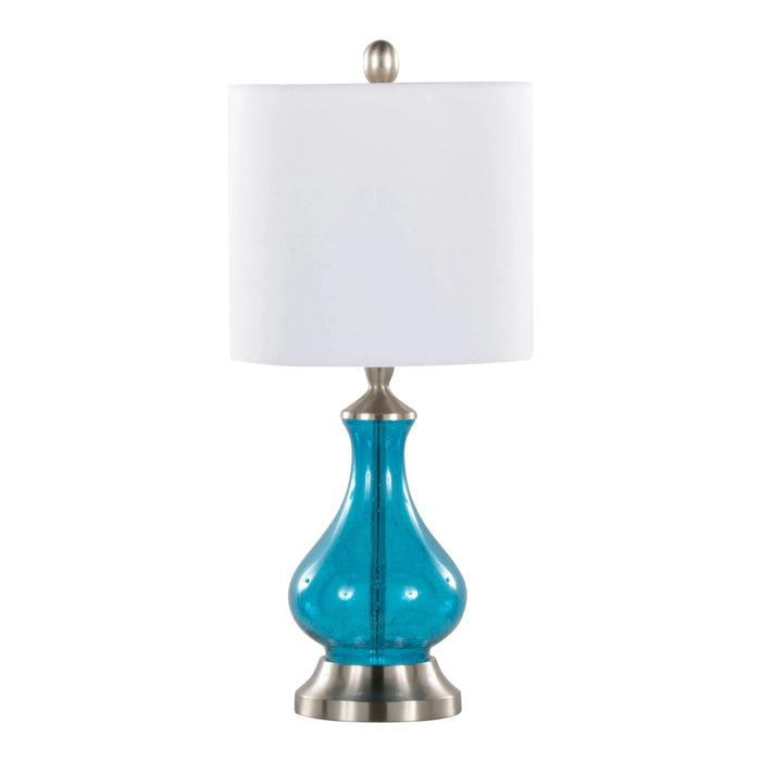 Jasmine 22' Contemporary Glass Accent Lamp in Clear Sapphire Blue Seeded Glass, Brushed Nickel and White Linen Shade from Grandview Gallery by LumiSource Default -DTYStore