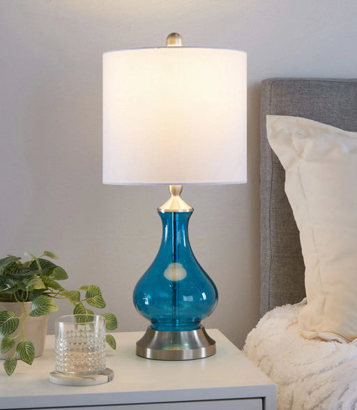 Jasmine 22' Contemporary Glass Accent Lamp in Clear Sapphire Blue Seeded Glass, Brushed Nickel and White Linen Shade from Grandview Gallery by LumiSource Default -DTYStore