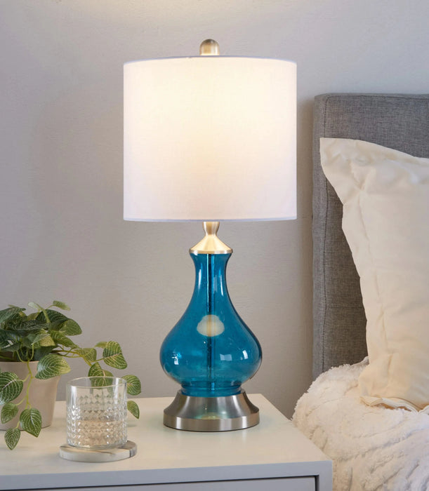 Jasmine 22' Contemporary Glass Accent Lamp in Clear Sapphire Blue Seeded Glass, Brushed Nickel and White Linen Shade from Grandview Gallery by LumiSource Default -DTYStore